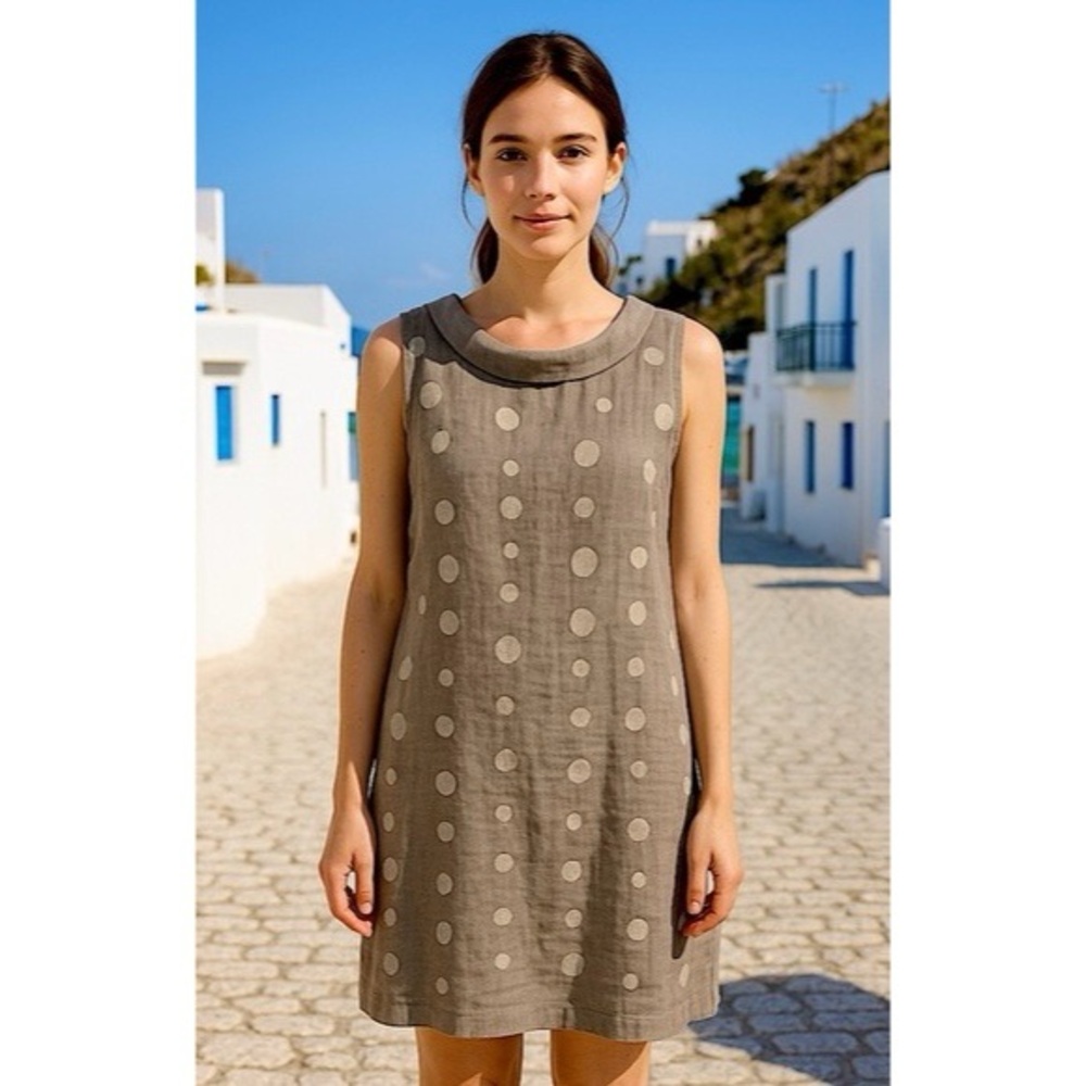 Lina Tomei Linen Size Medium Polka Dot Embroidered Tunic Dress Taupe Lagenlook